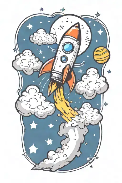 rocket flying in clouds with planets, stars, music notes flowing tattoo design idea