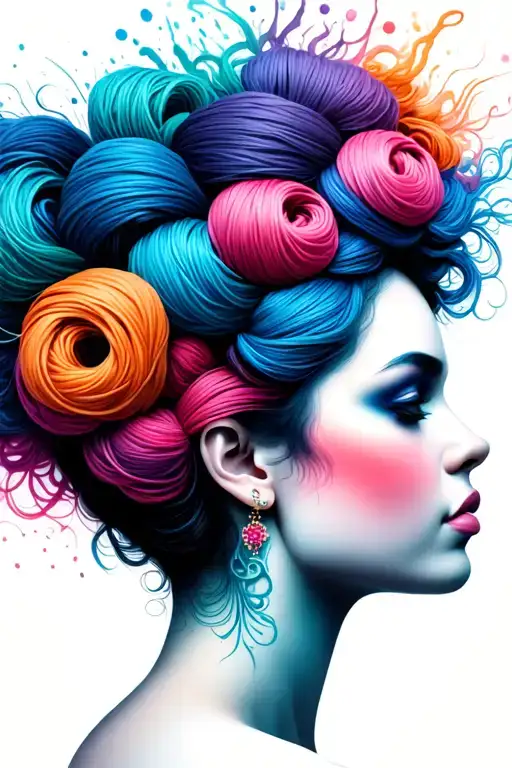 side profile female face with large weaves of yarn exploding from top it tattoo design idea
