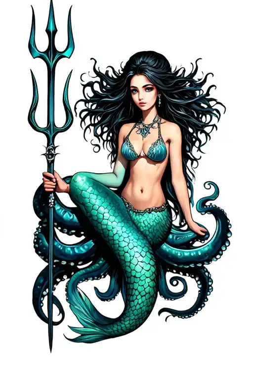 A siren mermaid. She is sitting on an octopus/skull hybrid and is holding a trident tattoo design idea