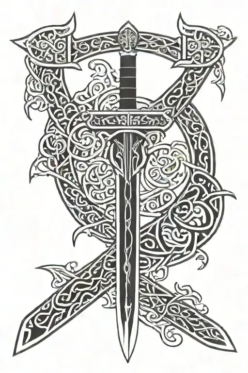 An irish cetic longsword inscribed in gaelic tattoo design idea