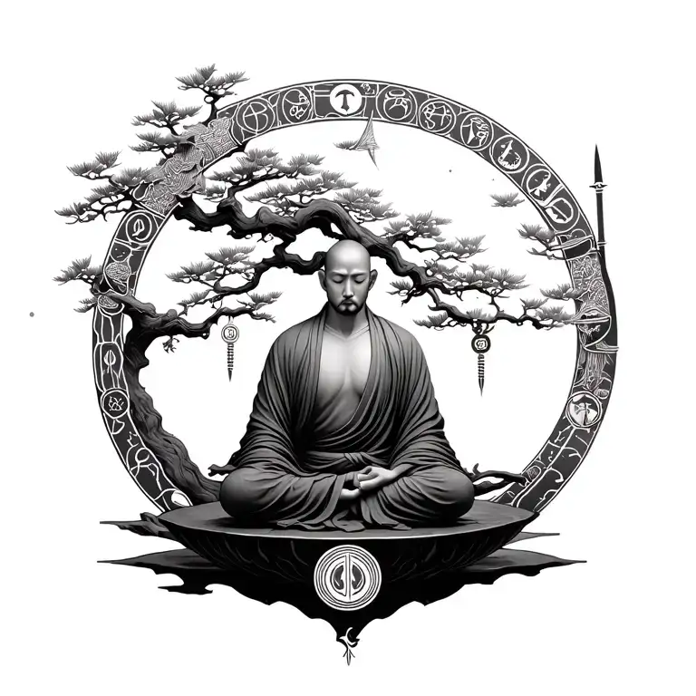 monk meditating inside bonsai covered enso, with sigils depicting stages of grief and mythological weapons around  tattoo design idea