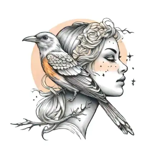 A starry night but a pink sky at dawn, a beautiful orange bird and a beautiful woman's face but looking sideways, combin tattoo design idea