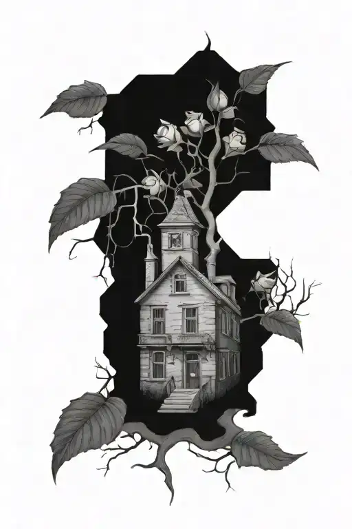 Abandoned Stalin-era house, roses, tree roots tattoo design idea