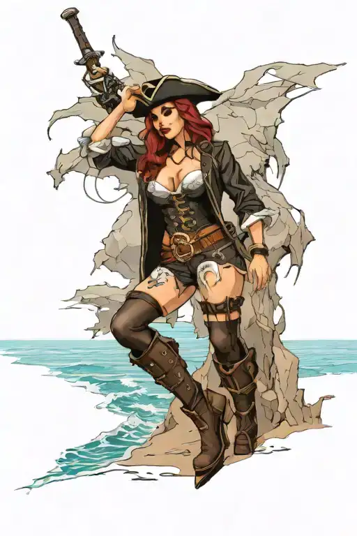 Sexy pirate girl, Gigantic Boobs, cleavage, torn clothing, skin tight pants, boots, standing on the beach by the ocean tattoo design idea