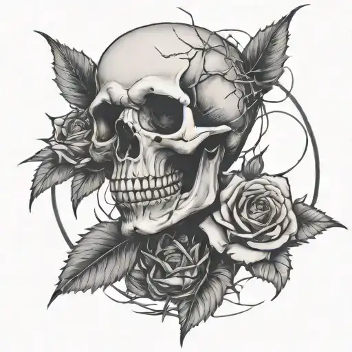 Creepy funny skull ,single rose ,many thorny stems, barbwire,crescent moon, dark, gothic, mysterious, witchy,, tribal, tattoo design idea