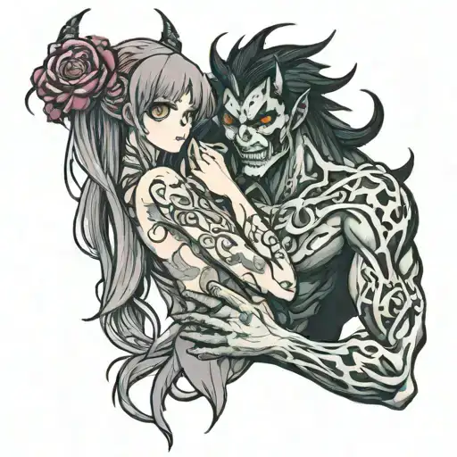 demon holding pretty girl tattoo design idea