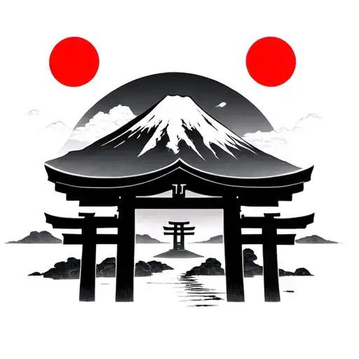 simple torii gate with mount fuji and red circle background tattoo design idea