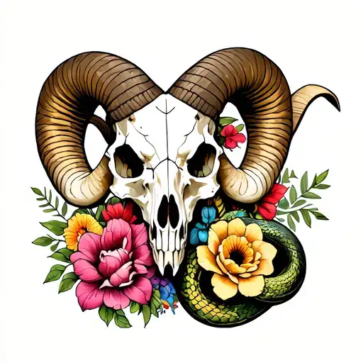 generate a tattoo image of ram skull and snake and 13 different flowers tattoo design idea