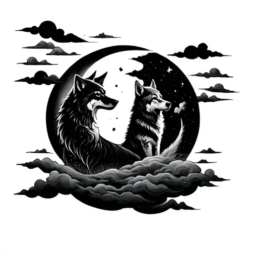 dark clouds with a moon and wolf holing to moon tattoo design idea
