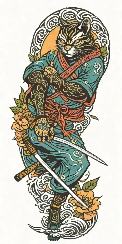 ninja cat holding katana, tail, water, waves, lotus, sakura, clouds, whirlpool, leaves, peony, sunset tattoo design idea