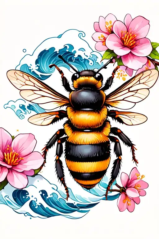 bee with waves and cherry blossoms tattoo design idea