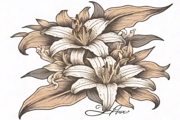 two lily flower with name intertwined tattoo design idea