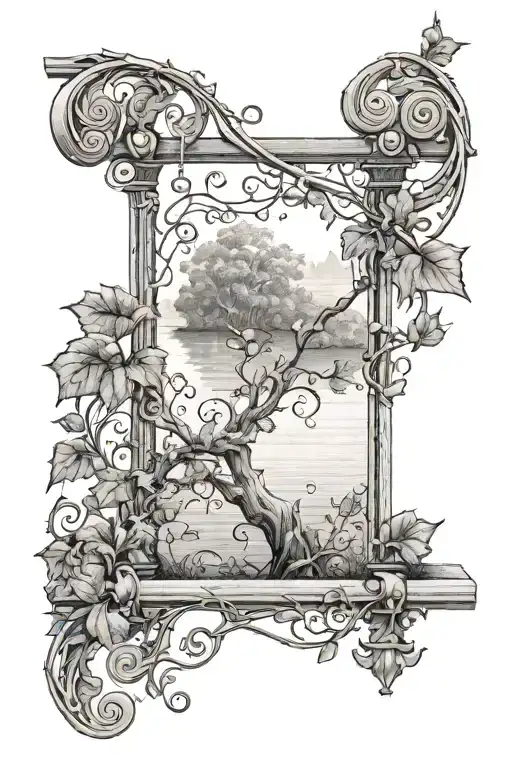 An intricate ivy vine wrapping around a decorative railing, with a serene lake in the background tattoo design idea
