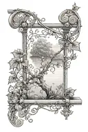 An intricate ivy vine wrapping around a decorative railing, with a serene lake in the background tattoo design idea