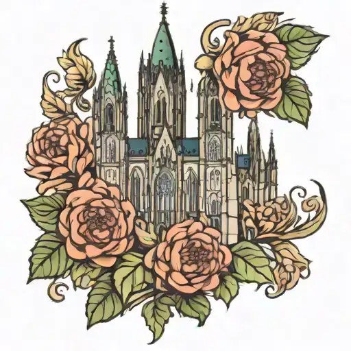 Cologne cathedral surrounded by dahlias tattoo design idea