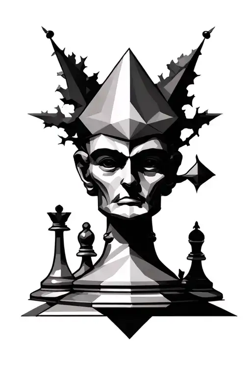 Geometric Chess King piece incorporating elements like trees tattoo design idea