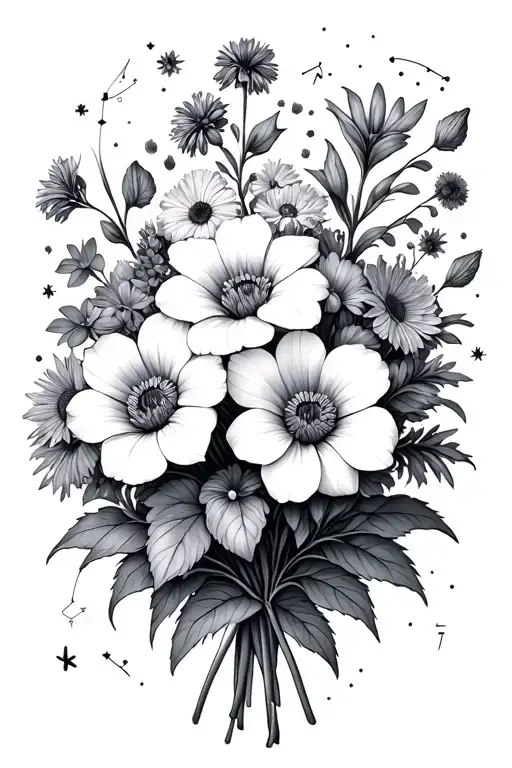 bouquet with larkspur, morning glories, asters and water lillies surrounded by minimal Leo and Virgo constellations  tattoo design idea
