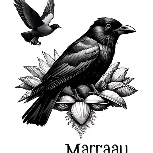 A crow and a dove that flies away with a dress of shells and the Margaux first name tattoo design idea