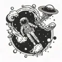 spaceman floating from galaxy with sonder written tattoo design idea