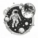 spaceman floating from galaxy with sonder written tattoo design idea