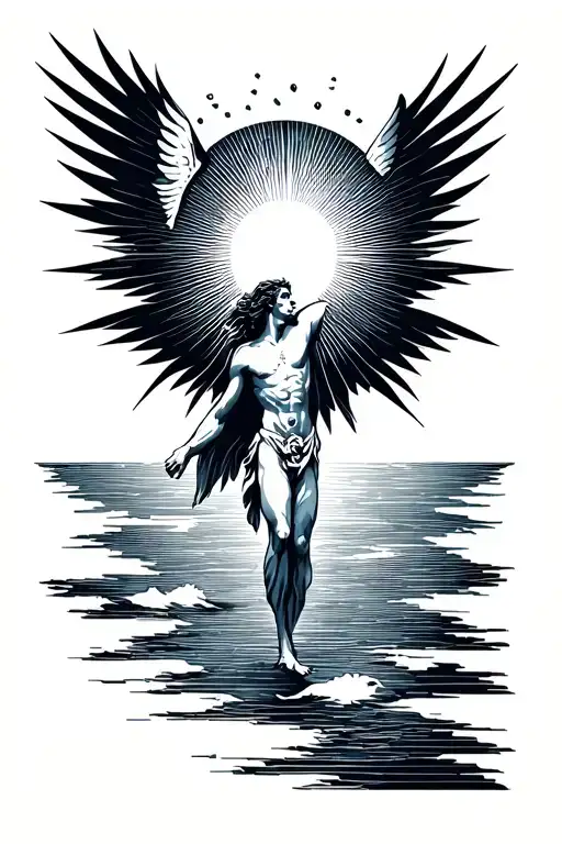 Icarus falling from the sun into the sea, in a minimal geometric style tattoo design idea