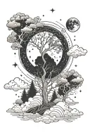 trees and clouds and stars with the moon tattoo design idea