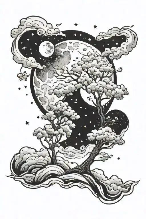 trees and clouds and stars with the moon tattoo design idea