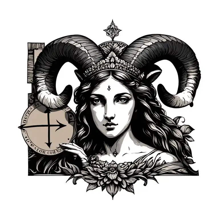 aries goddessholding mars with sign incorporated symbolizing the ram tattoo design idea