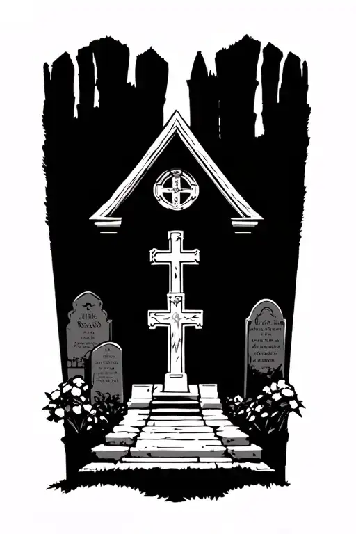 Catholic church woth grave yard in front tattoo design idea