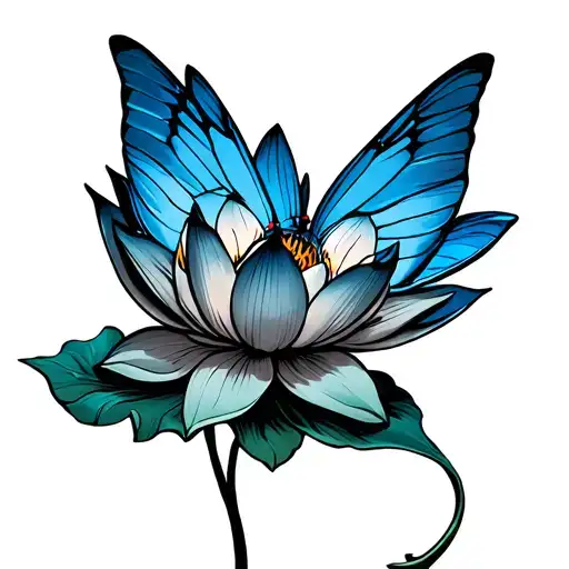 blue morpho flying from a lotus flower tattoo design idea