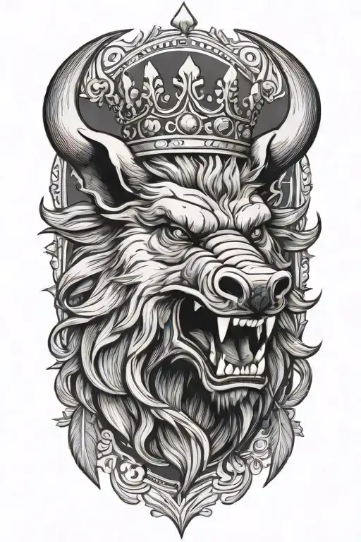 angry boar head wearing a crown with wings and sword and a heaven background tattoo design idea