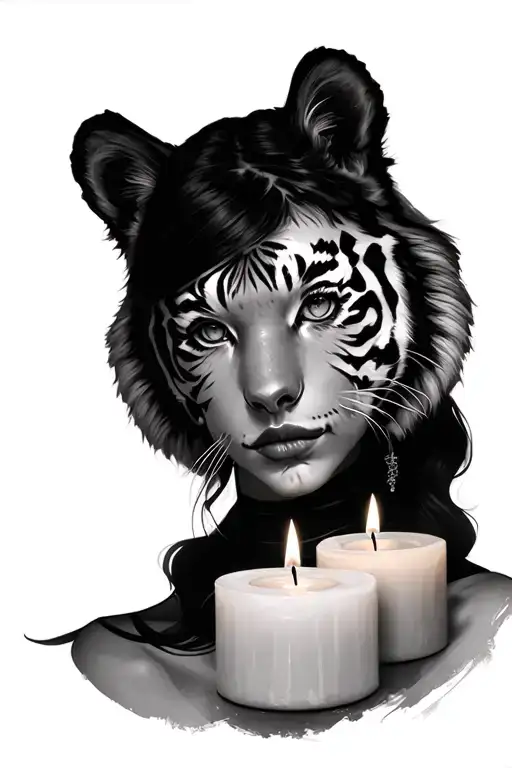 Woman face, two candles, tiger face tattoo design idea