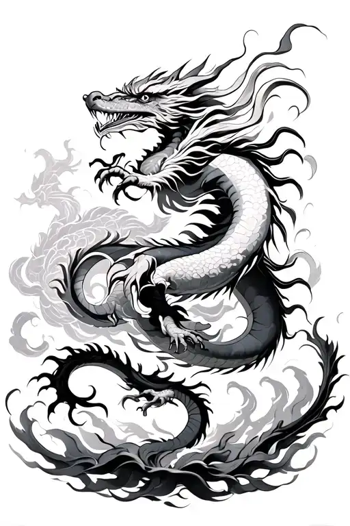 A majestic Asian-style dragon ascends into the sky, its long, sinuous body coiling dynamically around the central spine. tattoo design idea