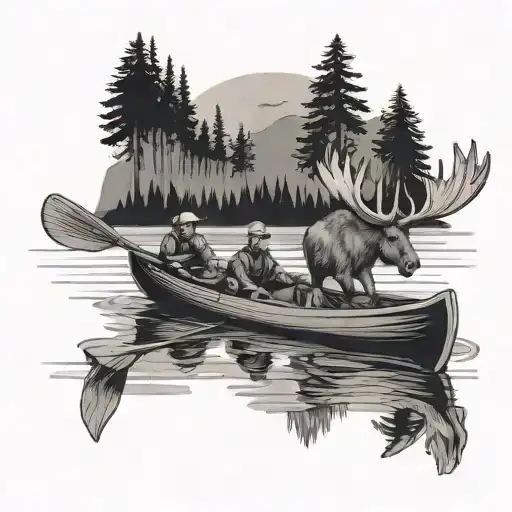 two guys in a canoe with a moose swimming near them tattoo design idea