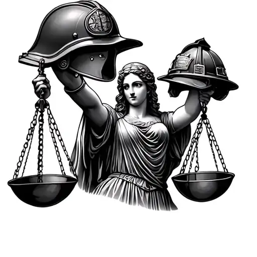 lady of Justice holding scales. on one scale is an army helmet and in the other scale is a firefighters helmet.  tattoo design idea