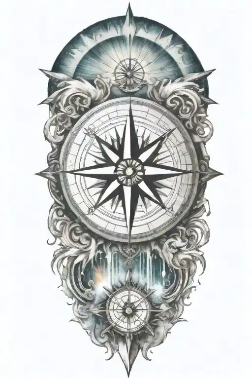 A detailed compass rose surrounded by flowing water and sun rays representing guidance and strength tattoo design idea