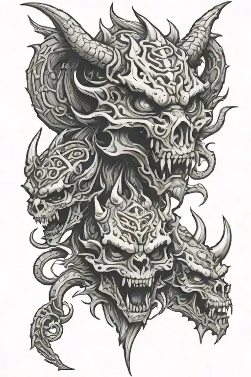 dragon head, skull and Oni mask   tattoo design idea