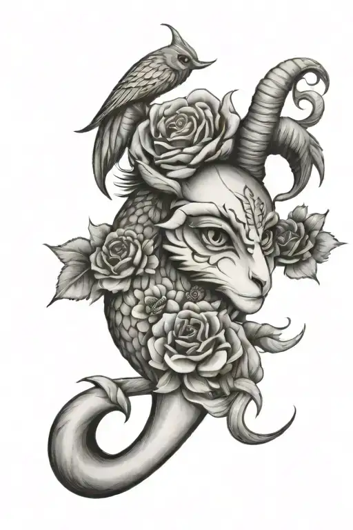 capricorn zodiac with flower with owl face tattoo and anchor  tattoo design idea