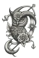 capricorn zodiac with flower with owl face tattoo and anchor  tattoo design idea