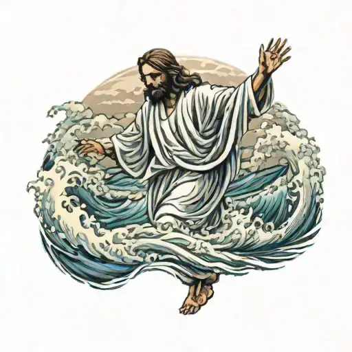 Hyper Realistic, Portrait of Jesus Christ walking from the back, on water waves, stormy waters, highly detailed imagery, tattoo design idea