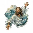 Hyper Realistic, Portrait of Jesus Christ walking from the back, on water waves, stormy waters, highly detailed imagery, tattoo design idea