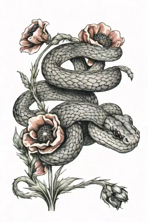 gentle snake, red watercolor poppies, realistic spikelet tattoo design idea