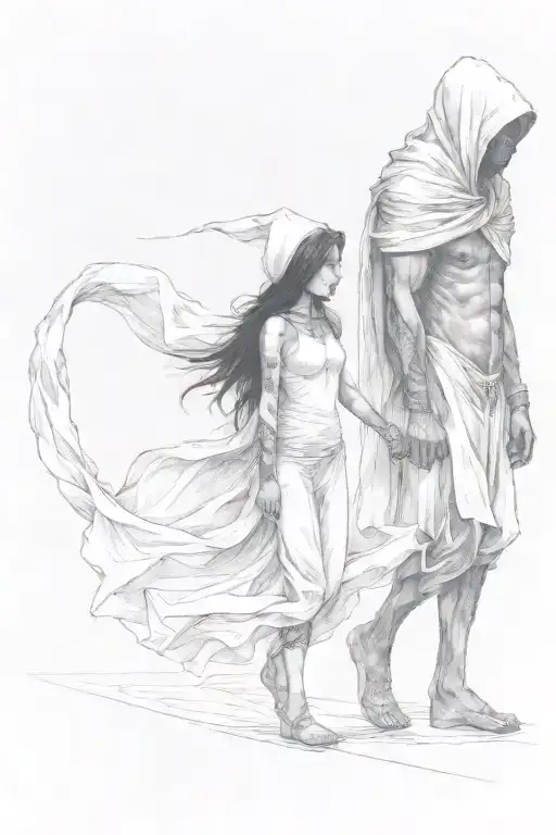 a girl and a huge hooded beast walking side by side holding hands tattoo design idea