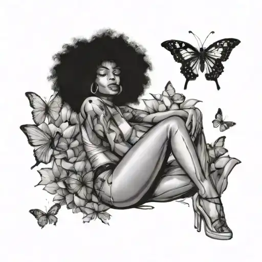 black woman with Afro sitting cross legged with butterflies flying around her tattoo design idea