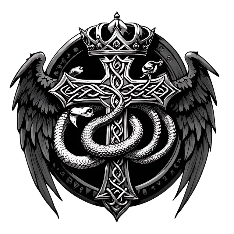 celtic cross with snake wrapped round. with a crown on the top with an angel wing on the left and bat wing on the right tattoo design idea