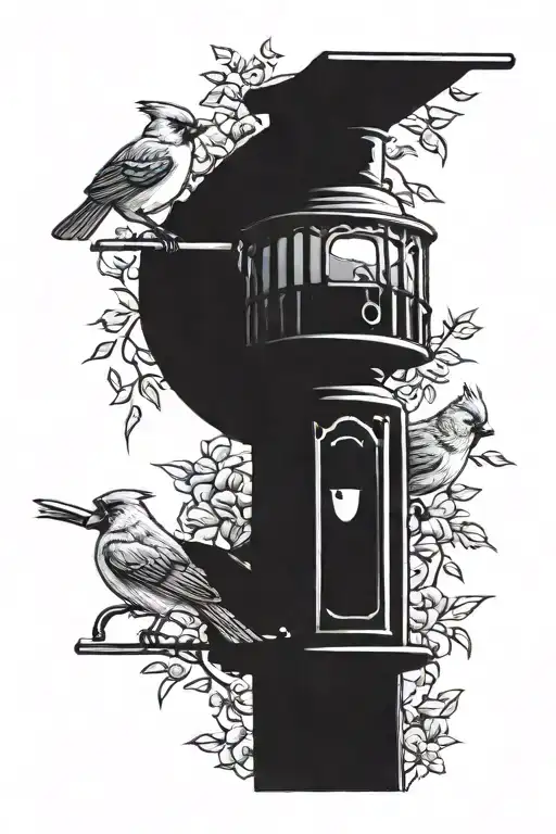 cardinals jays doves and crows sitting on a 3 hooked light lamppost with an anti squirrel bird feeder  tattoo design idea