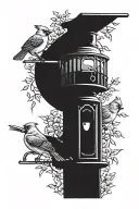 cardinals jays doves and crows sitting on a 3 hooked light lamppost with an anti squirrel bird feeder  tattoo design idea