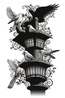 cardinals jays doves and crows sitting on a 3 hooked light lamppost with an anti squirrel bird feeder  tattoo design idea
