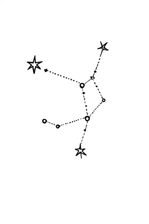 A minimalist tattoo design of the Pisces constellation with fine lines and dots connecting each star, incorporating the twinkle stars effect tattoo design idea