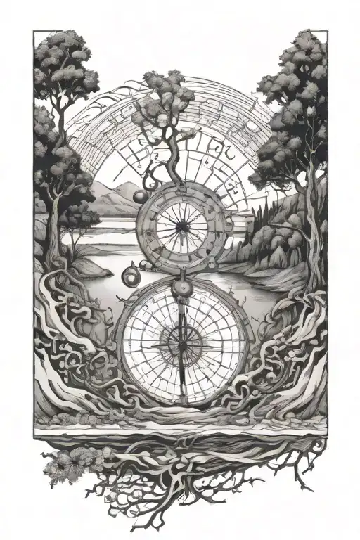 foucault pendulum, web wyrd, tree of life, river flowing tattoo design idea